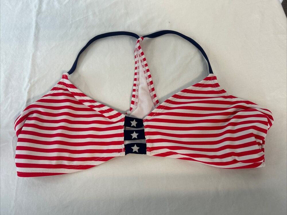 Xhiaration Women’s Patriotic American Flag Red White Bikini Top Size Large EUC